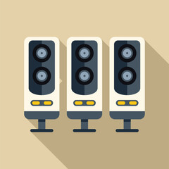 Poster - Three audio speakers standing on floor, making sound, music equipment concept