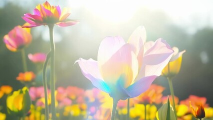 Poster - A symphony of colors emerges from the ground as delicate rainbowhued petals unfurl revealing the dazzling beauty of new growth in all its glory.