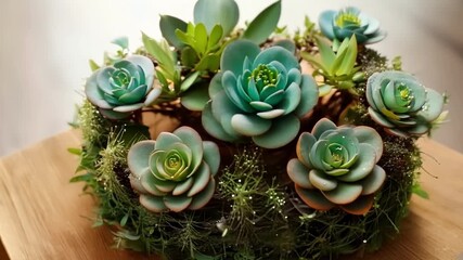 Aufkleber - A closeup of a flower crown adorned with small succulents and greenery adding a unique touch to the traditional floral accessory.