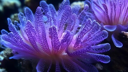 Aufkleber - Detailed closeup of bright purple and pink polyps their intricate patterns and textures resembling delicate lace.