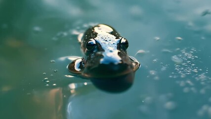 Poster - A curious tadpole pokes its head out of the water its big eyes and small mouth giving it an almost comical appearance.