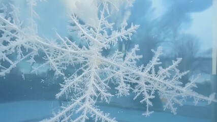 Poster - The frost has transformed the window into a winter wonderland with a layer of intricately patterned snow covering the glass.