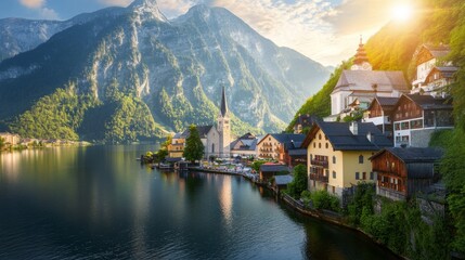 Stunning view of the renowned Hallstatt mountain village beside Hallstätter Lake, a popular travel destination