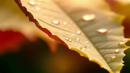 Aufkleber - A detailed view of a delicate autumn leaf covered in tiny droplets of morning dew enhancing its vibrant colors.