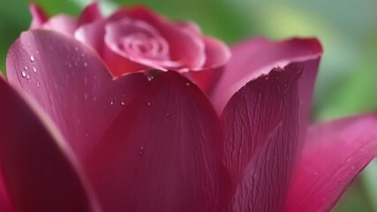 Aufkleber - Slow motion footage of raindrops cascading down the velvety surface of a rose petal creating an almost hypnotizing effect.