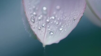 Poster - The delicate curves of a drenched peony petal adorned with clinging raindrops like precious jewels.