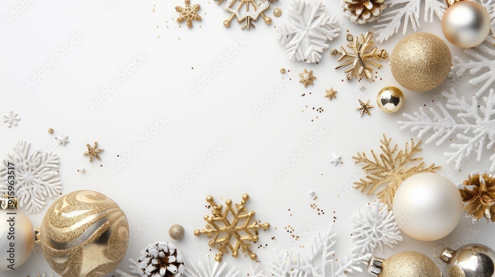 White and gold Christmas decorations arranged on white background; flat ...