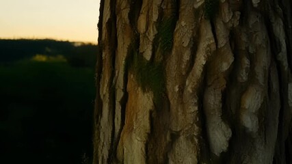 Aufkleber - The subtle rays of the setting sun gently illuminating the intricate details of a nearby tree trunk creating a rustic and natural feel.