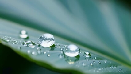 Aufkleber - The camera zooms in on a single leaf showcasing the stunning formation of dew beads resting on its surface.