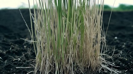Aufkleber - The camera pans down to the base of a plant capturing the intricate web of thin white roots reaching deep into the soil.