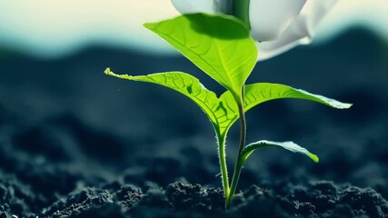 Aufkleber - With a timelapse effect we see a seed bursting open and growing into a small vibrant plant with leaves and roots spreading out in all directions.