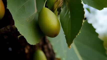 Poster - Closeup shots show a of small green fruits growing on a tree branch gradually changing to a deep red as they ripen.