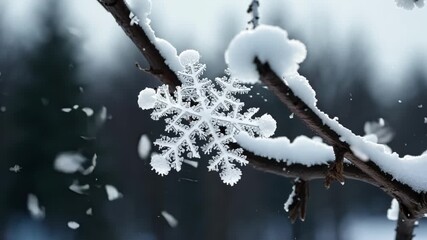 Aufkleber - A closeup view of snowflakes forming on a tree branch creating a beautiful winter wonderland scene.