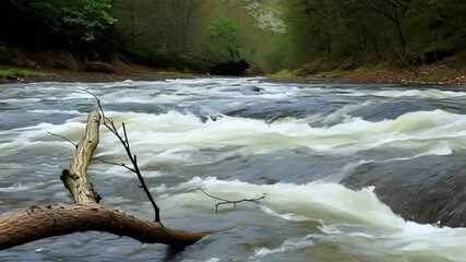 Poster - Footage of a tree branch being carried along by the rising river showcasing the changing strength of the flow and the potential for erosion.
