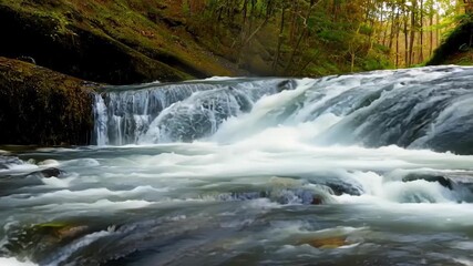Aufkleber - A shot of a small waterfall within the river the water cascading down and changing in intensity as the river level fluctuates.