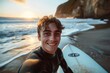 © LukaszDesign - Surf, beach, and sportsman selfie on the sand by the sea or ocean for enjoyment. Photo of a male athlete posing outside in the morning.