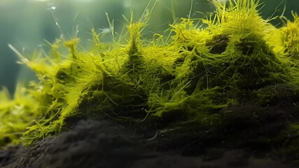 Aufkleber - Detailed view of velvety soft moss taking over a patch of rich dark soil its tiny hairlike strands interlacing and forming a dense carpet.