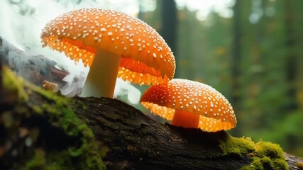 Aufkleber - Closeup of a of spotty orange mushrooms growing on the side of a decaying log their thin stems elongating and their caps expanding to release their spores.