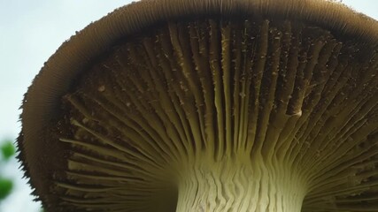 Aufkleber - The underside of a large domeshaped mushroom covered in rows of gills which suddenly puffs out a cloud of dustylooking spores.