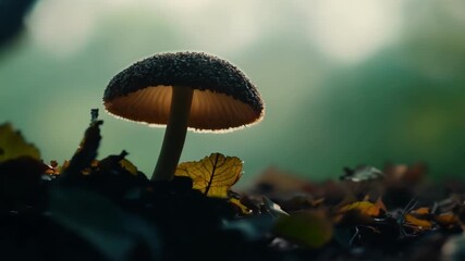 Poster - Closeup of a lone mushroom pushing its way through a layer of fallen leaves as its cap gradually expands to release its numerous spores.