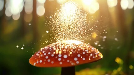 Leinwandbilder - A vibrant redorange mushroom shooting out a burst of spores that looks like a miniature fireworks display.