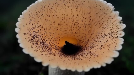 Poster - A closeup of a large by mushroom covered in small bumps which suddenly spews out a thick jet of darkcolored spores.
