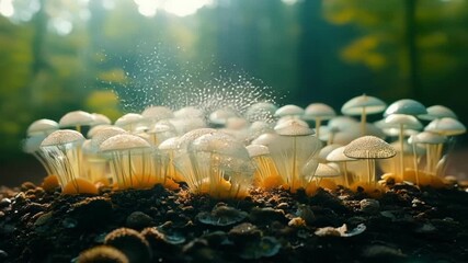 Aufkleber - Timelapse footage of a patch of tiny translucent mushrooms growing in a ring formation as their spores are released in a mesmerizing spiral pattern.