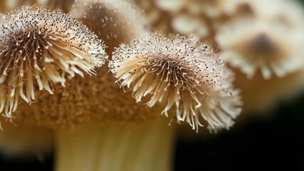 Poster - The delicate frills and intricate patterns of a mushrooms sporeproducing surface captured in an extreme closeup shot as a gentle breeze blows through and disperses the spores.