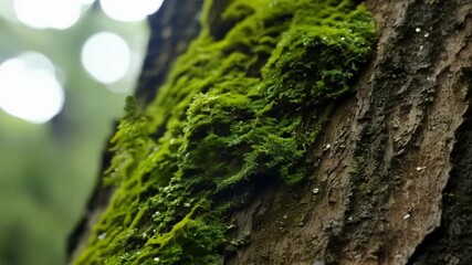 Aufkleber - Closeup of delicate moss peeking out from between cracks in the gnarled bark of an old tree showcasing the plants resilient nature.