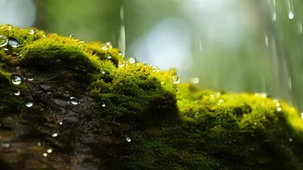 Poster - A macro shot of vibrant green moss with droplets of dew sparkling on its surface bringing life and color to the rugged aged bark of a tree.