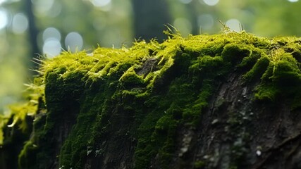 Poster - Detailed view of deep green and emeraldcolored moss slowly spreading its way across a trees bark creating a natural camouflage.