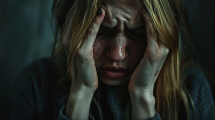 Woman with hands covered or face stressed on black background in mental health or schizophrenia hospital. Angst, exhaustion, or depression for fear or counseling fearful patient