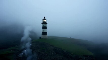 Aufkleber - The light from a lighthouse struggling to trate through the dense fog creating a moody and eerie atmosphere.