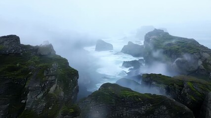 Aufkleber - Wispy tendrils of fog swirling around a rocky coastline creating a mystical and otherworldly feel.