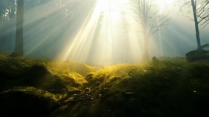 Aufkleber - The sun breaking through the fog casting dramatic rays of light and shadows over a quiet forest.
