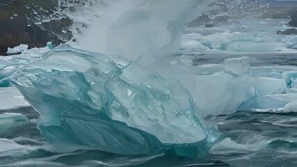 Poster - Closeup footage of two large sheets of ice colliding with each other in the river causing a loud cracking and splashing sound.