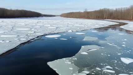 Aufkleber - A timelapse sequence of an icecovered river slowly melting and breaking apart revealing the dark water below.