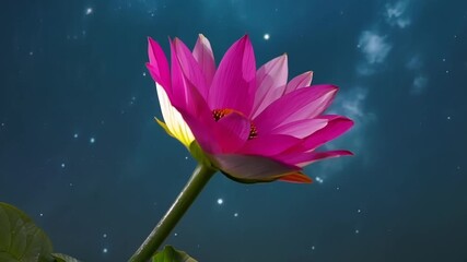 Poster - As the darkness of the night sets in a vibrant pink flower bursts open its petals reaching out towards the stars above. The contrast between its velvety texture and the night sky