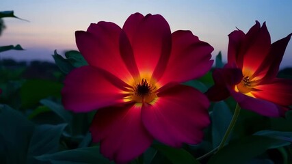 Poster - A group of exotic red flowers come to life as the sun sets and the moon takes its place. The deep color of their petals seems to intensify in the darkness signaling their time to