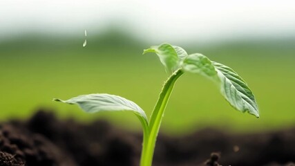 Poster - Closeup of a grass seed sprouting and unfolding its delicate leaves signaling the start of new growth.