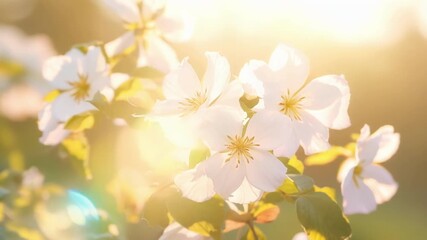 Poster - A slowmotion shot of a of fruit tree blossoms opening one by one like a magical dance as the sun streams through the branches.