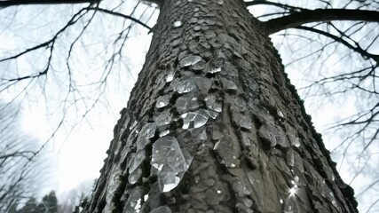Poster - Ice crystals forming on a tree trunk creating a magical winter wonderland scene with the glistening crystals ling in the sunlight.