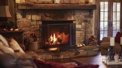 Leinwandbilder - The crackling fire illuminates the rustic stone fireplace, filling the room with warmth and a sense of peaceful coziness. Generative AI