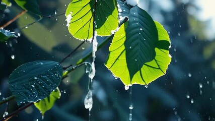 Poster - Closeup of a of snow melting off a tree revealing the vibrant green leaves underneath.