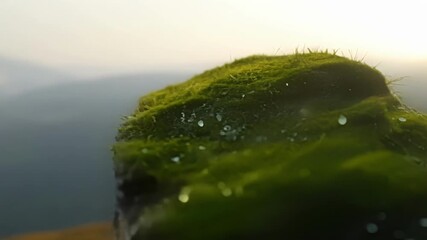 Aufkleber - A mossy rock decorated with a fine layer of dew gradually transforming into a dry surface as the morning progresses.