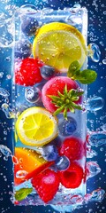 Canvas Print - Refreshing mix of sliced fruits with water splashes including lemons, strawberries, raspberries, blueberries, and mint. Vibrant and colorful composition for health and beverage concepts. 