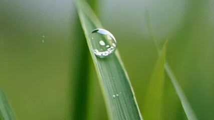 Aufkleber - Closeup of a drop of water rolling down the smooth curved surface of a single blade of grass showcasing the intricate details of its structure.