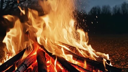 Aufkleber - The crackling fire of a bonfire fills the screen as the camera zooms in on the vivid hues of yellow orange and red dancing in the flames symbolizing the warm and cozy transition