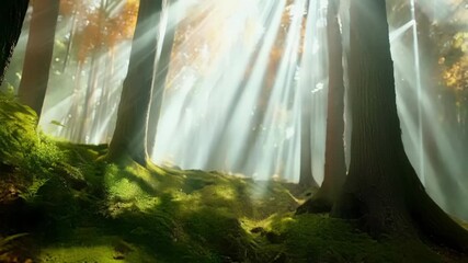 Aufkleber - The forest floor is bathed in a soft ethereal light as the sunbeams filter through the towering trees.