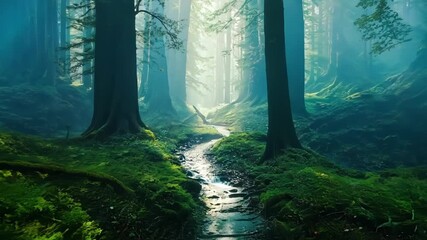 Aufkleber - The sunbeams create a natural pathway leading the eye deeper into the mysterious and enchanting forest.